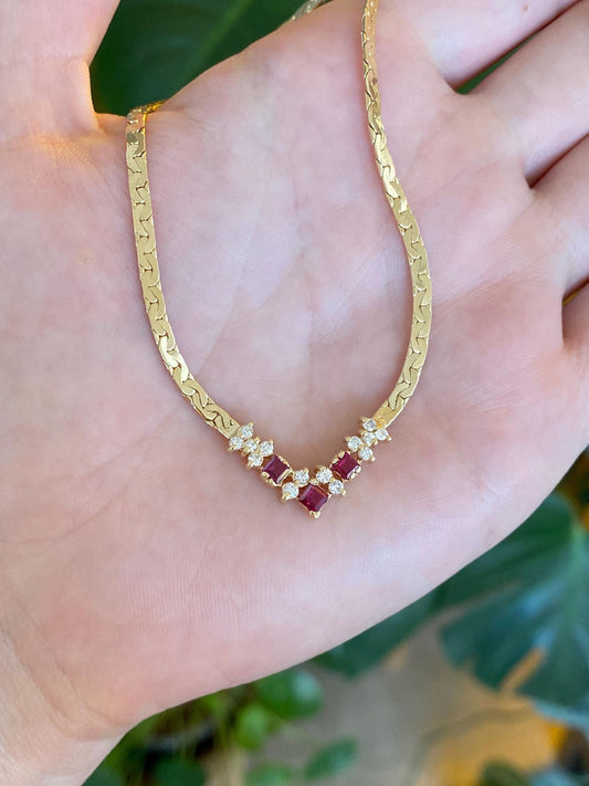 Vintage Solid 14k Yellow Gold Diamond Pink Sapphire Flat C Link Chain Necklace - 16.25 inches