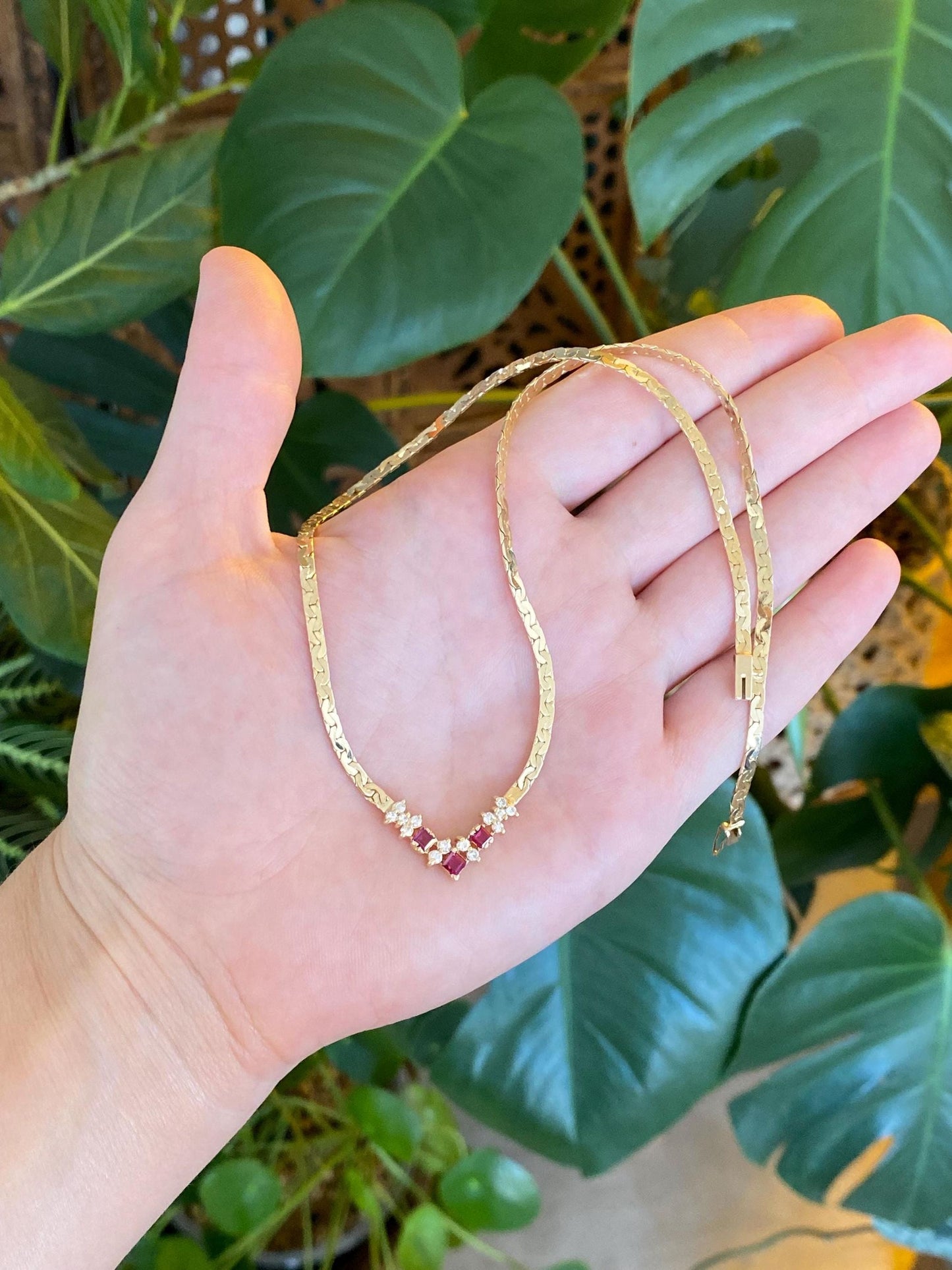 Vintage Solid 14k Yellow Gold Diamond Pink Sapphire Flat C Link Chain Necklace - 16.25 inches