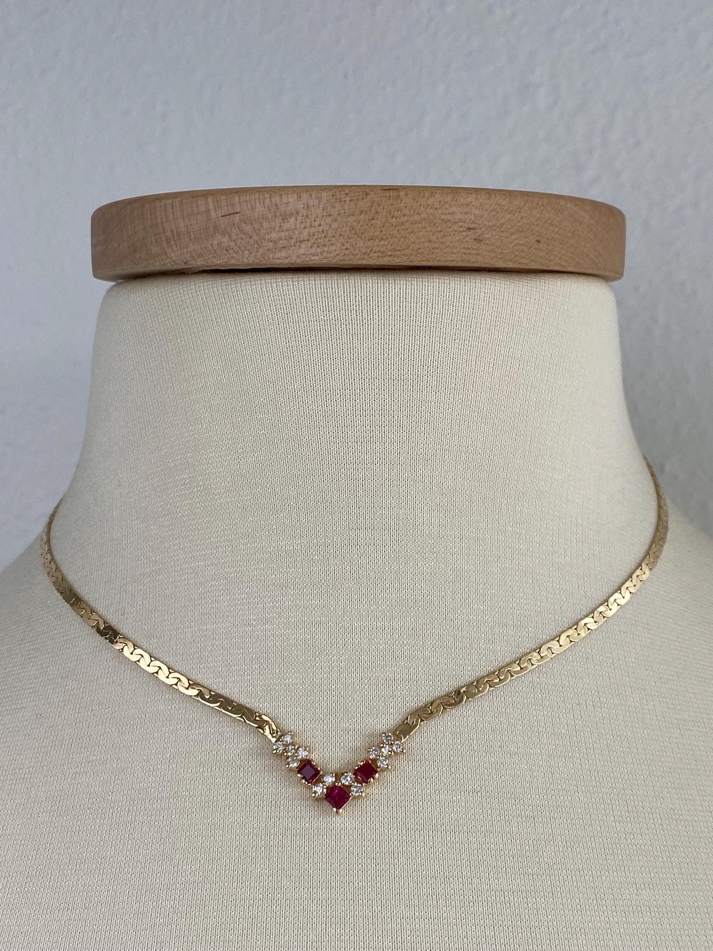 Vintage Solid 14k Yellow Gold Diamond Pink Sapphire Flat C Link Chain Necklace - 16.25 inches