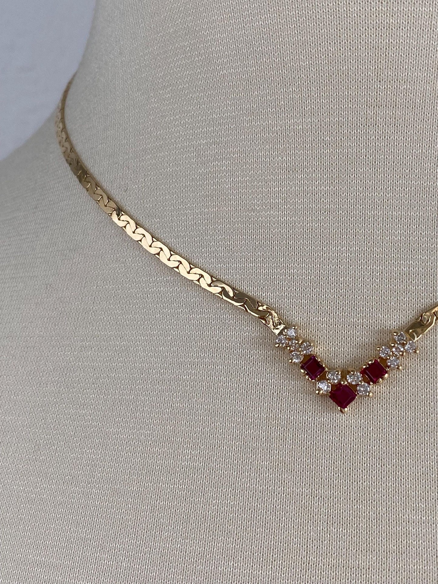Vintage Solid 14k Yellow Gold Diamond Pink Sapphire Flat C Link Chain Necklace - 16.25 inches