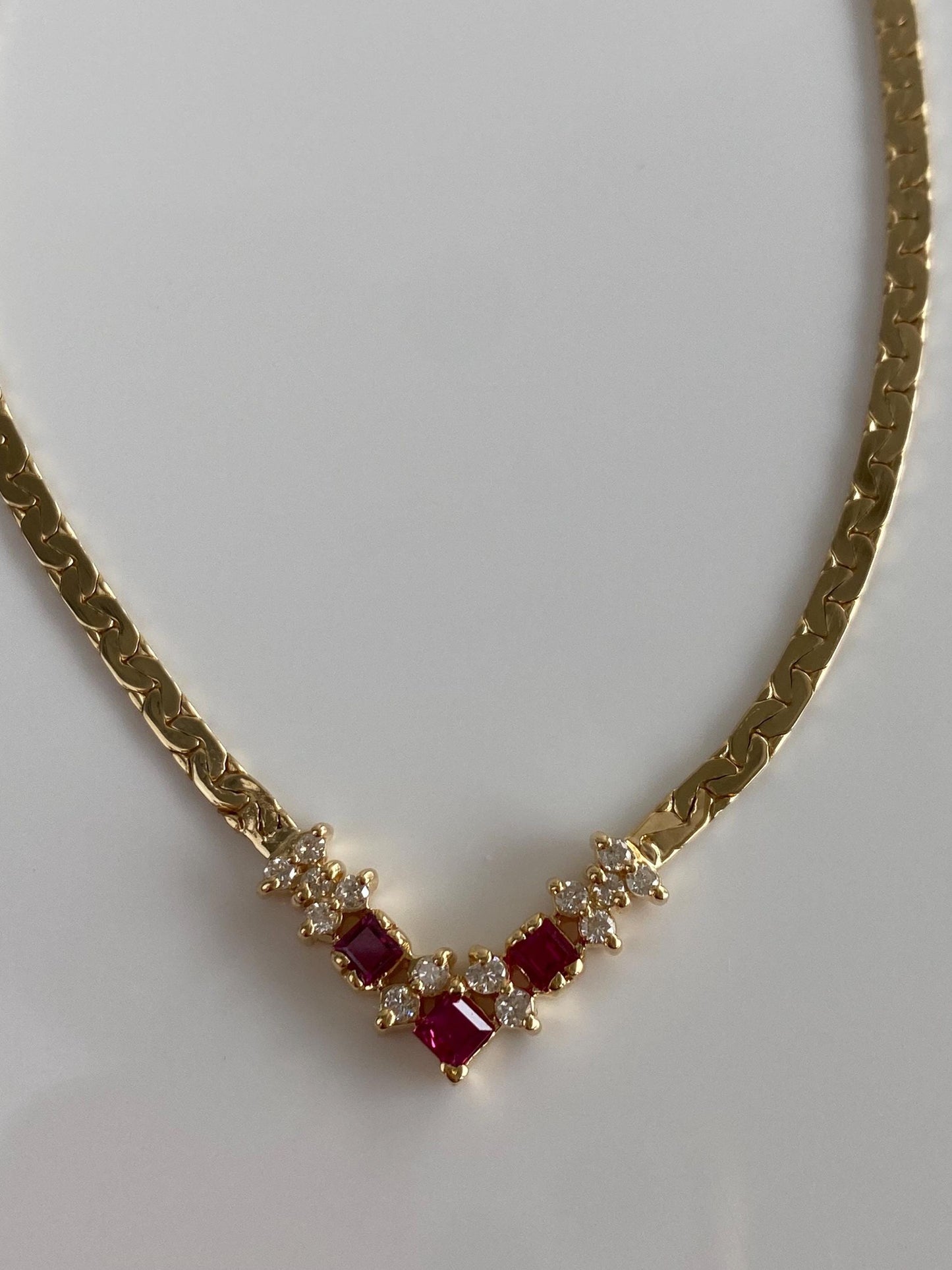 Vintage Solid 14k Yellow Gold Diamond Pink Sapphire Flat C Link Chain Necklace - 16.25 inches