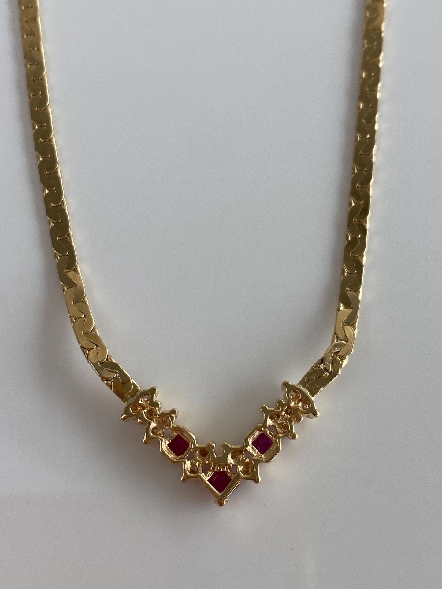 Vintage Solid 14k Yellow Gold Diamond Pink Sapphire Flat C Link Chain Necklace - 16.25 inches