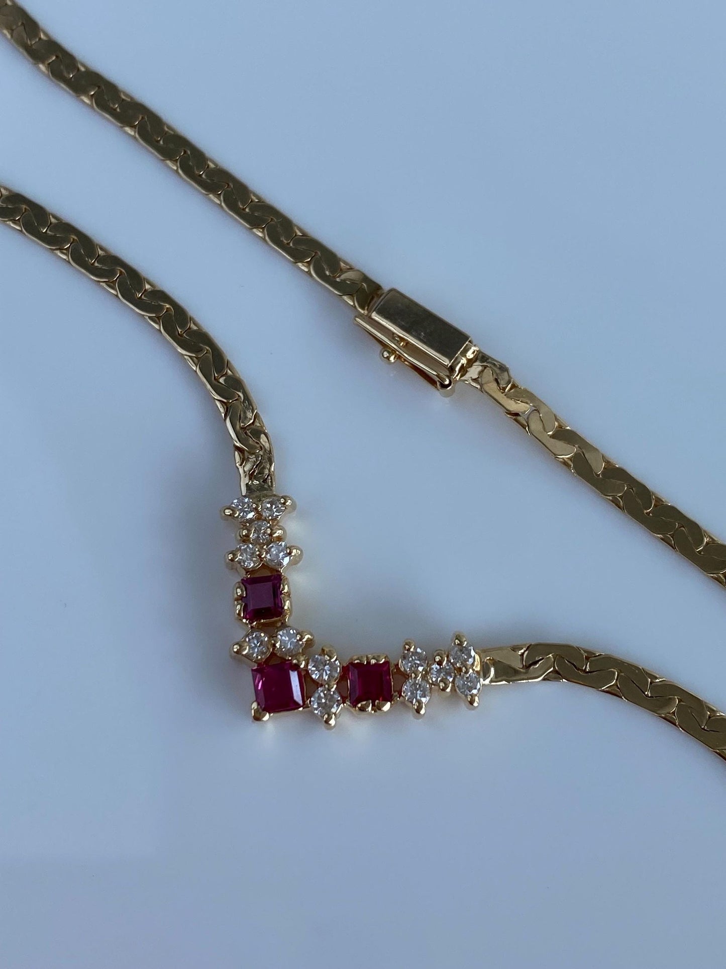 Vintage Solid 14k Yellow Gold Diamond Pink Sapphire Flat C Link Chain Necklace - 16.25 inches