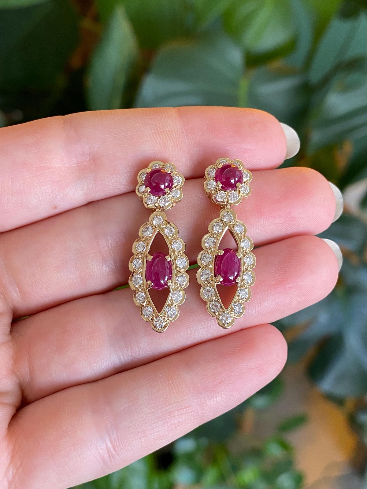 Vintage Solid 14k Yellow Gold Diamond Halo Ruby Cabochon Dangle Stud Earrings