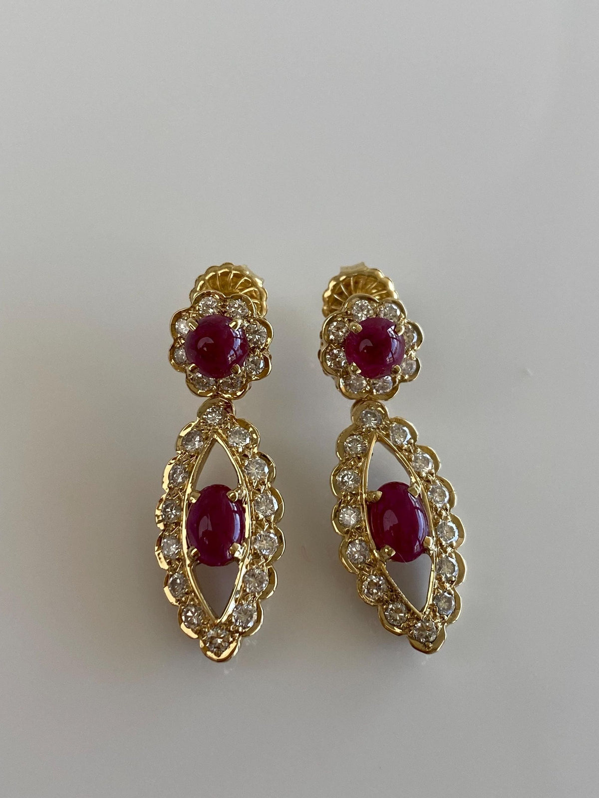 Vintage Solid 14k Yellow Gold Diamond Halo Ruby Cabochon Dangle Stud Earrings