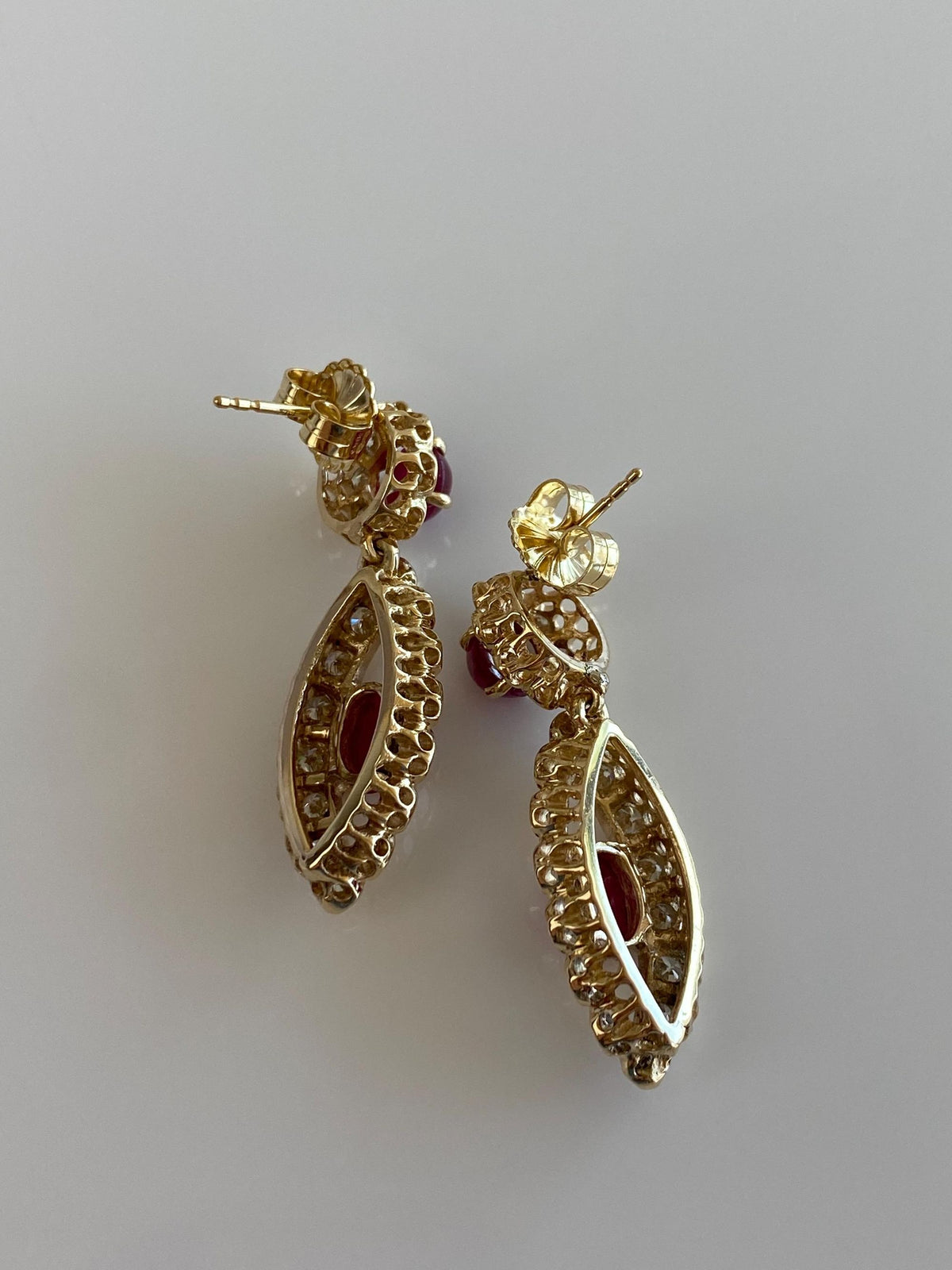 Vintage Solid 14k Yellow Gold Diamond Halo Ruby Cabochon Dangle Stud Earrings