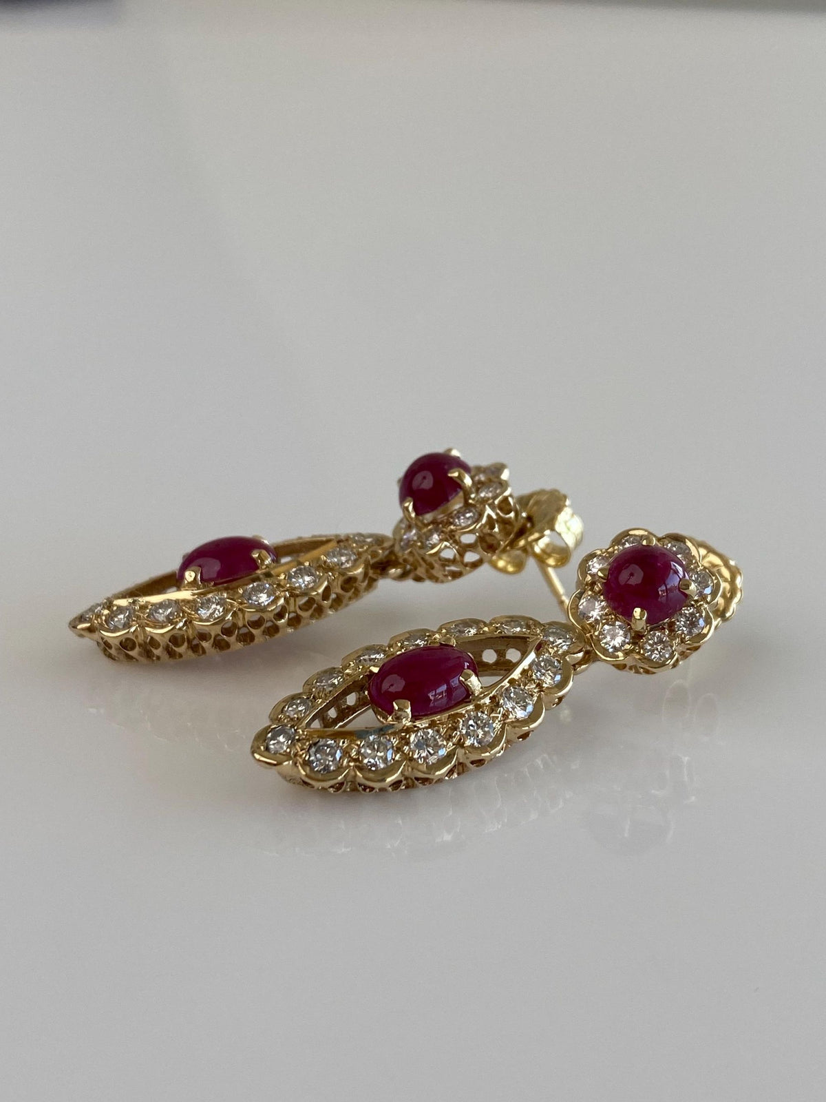 Vintage Solid 14k Yellow Gold Diamond Halo Ruby Cabochon Dangle Stud Earrings
