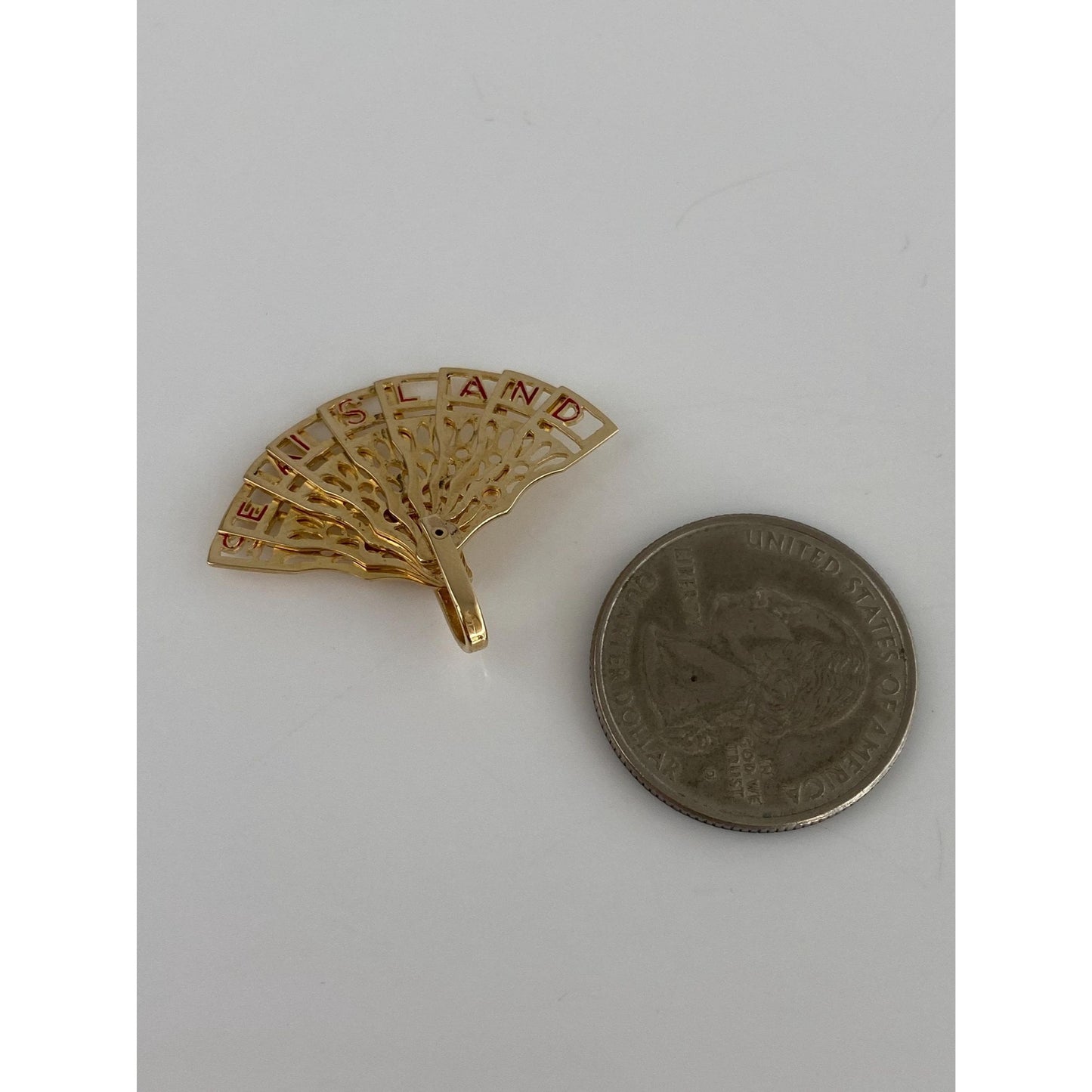 Solid 14k Yellow Gold Red Enamel Articulated 'Sea Island' Fan Charm