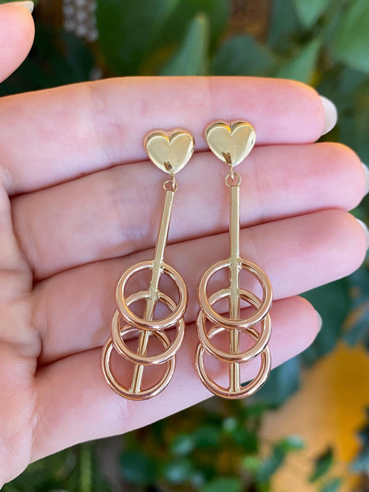 Vintage 14k Rose & Yellow Gold Circles Heart Dangle Stud Earrings