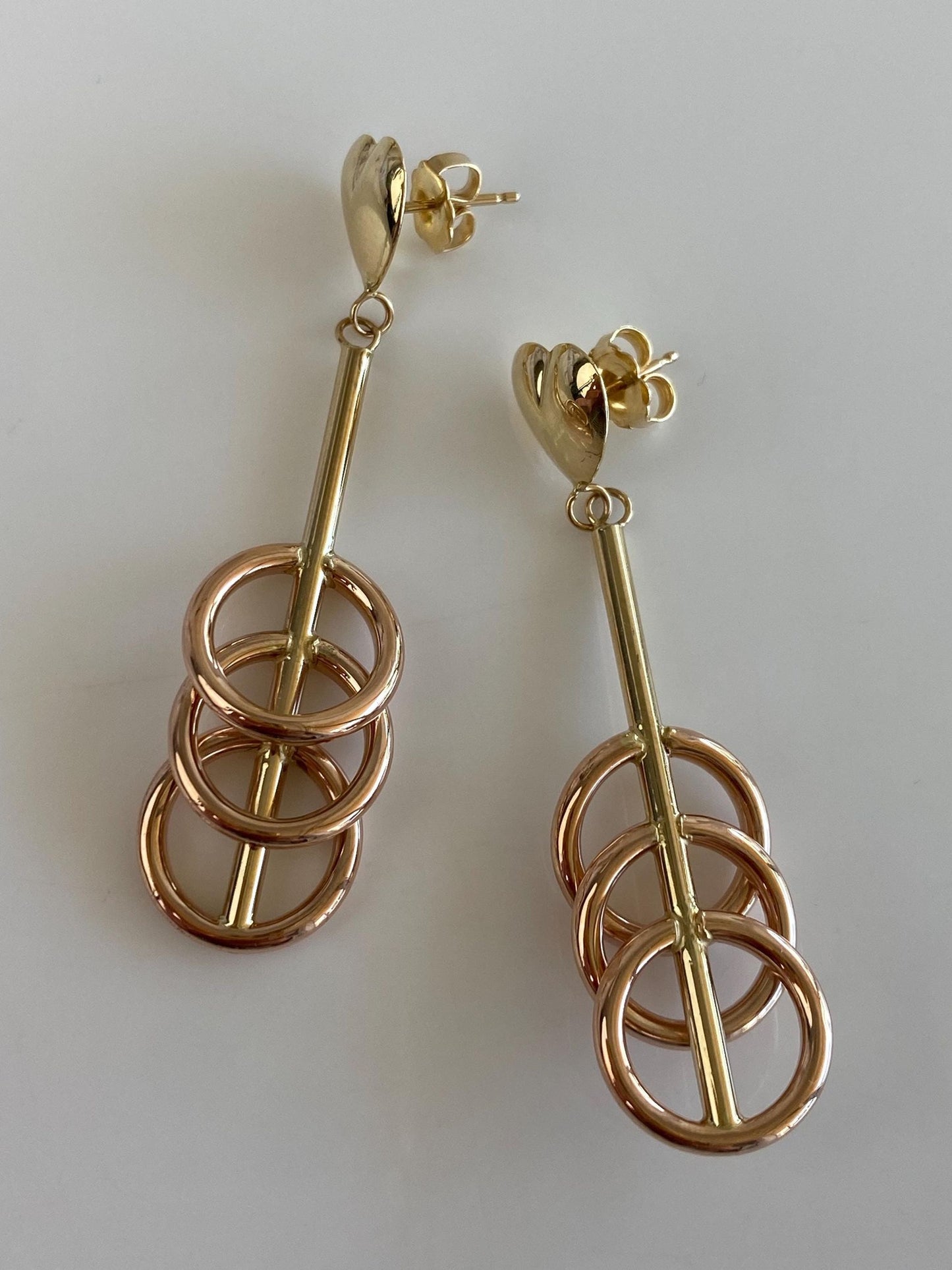 Vintage 14k Rose & Yellow Gold Circles Heart Dangle Stud Earrings