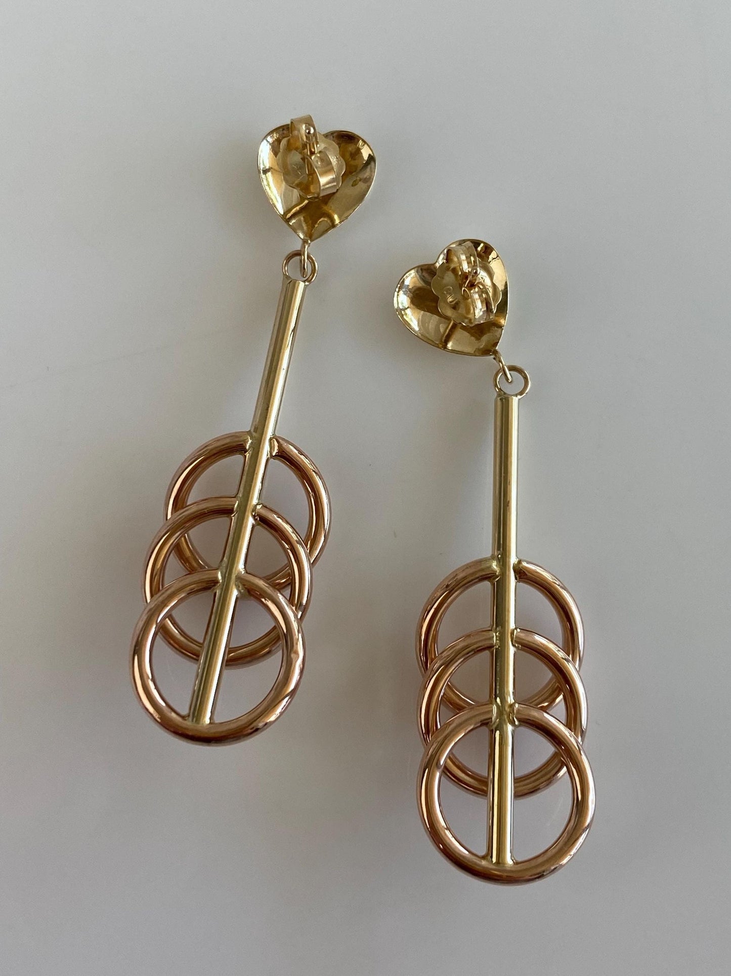 Vintage 14k Rose & Yellow Gold Circles Heart Dangle Stud Earrings