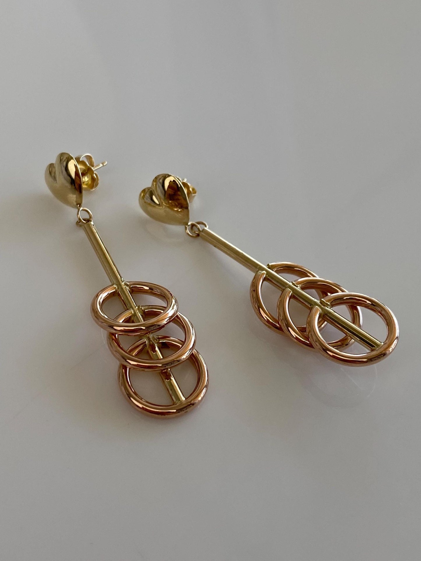 Vintage 14k Rose & Yellow Gold Circles Heart Dangle Stud Earrings