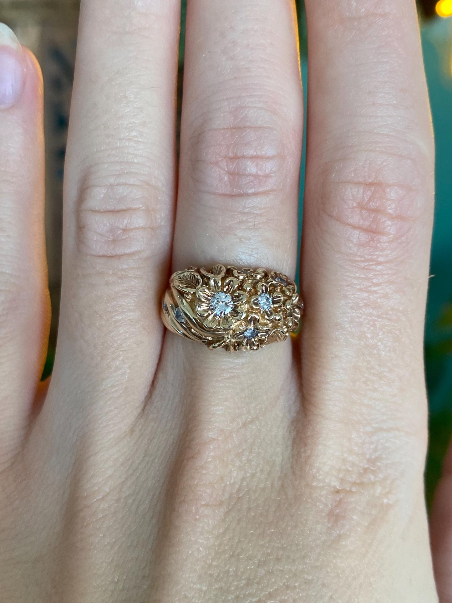 Vintage Solid 14k Yellow Gold Diamond Flower Ring Band - Size 5.75