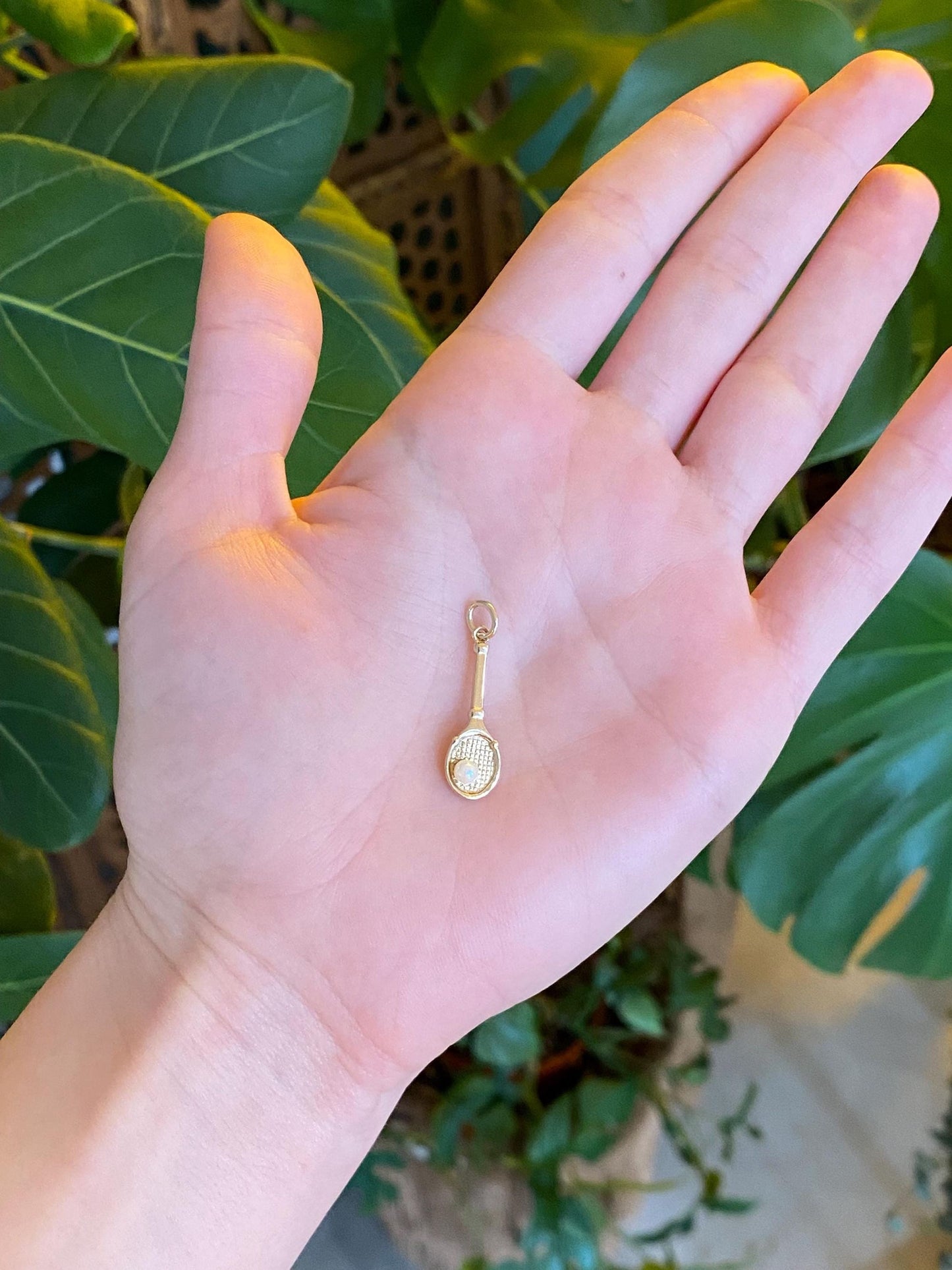 Vintage Solid 14k Yellow Gold Pearl Tennis Racket Charm