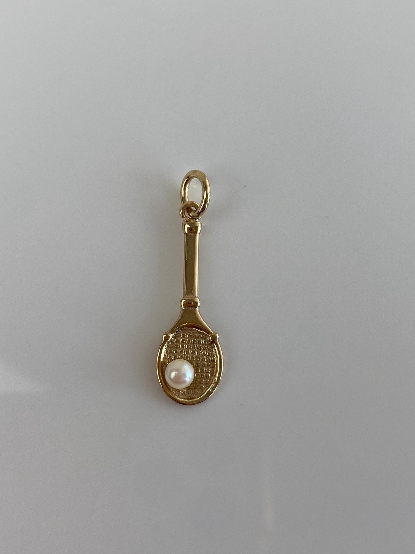 Vintage Solid 14k Yellow Gold Pearl Tennis Racket Charm