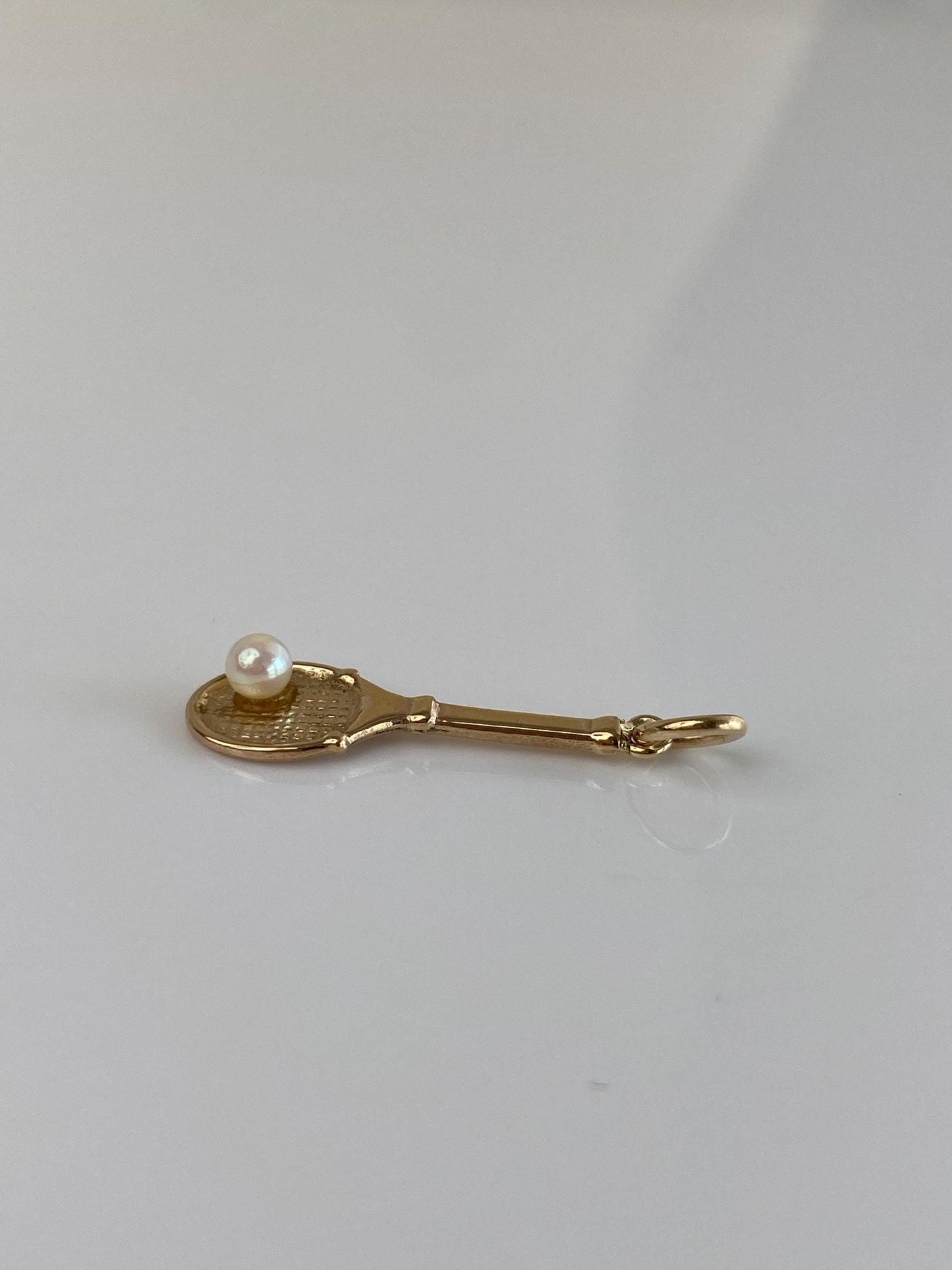 Vintage Solid 14k Yellow Gold Pearl Tennis Racket Charm