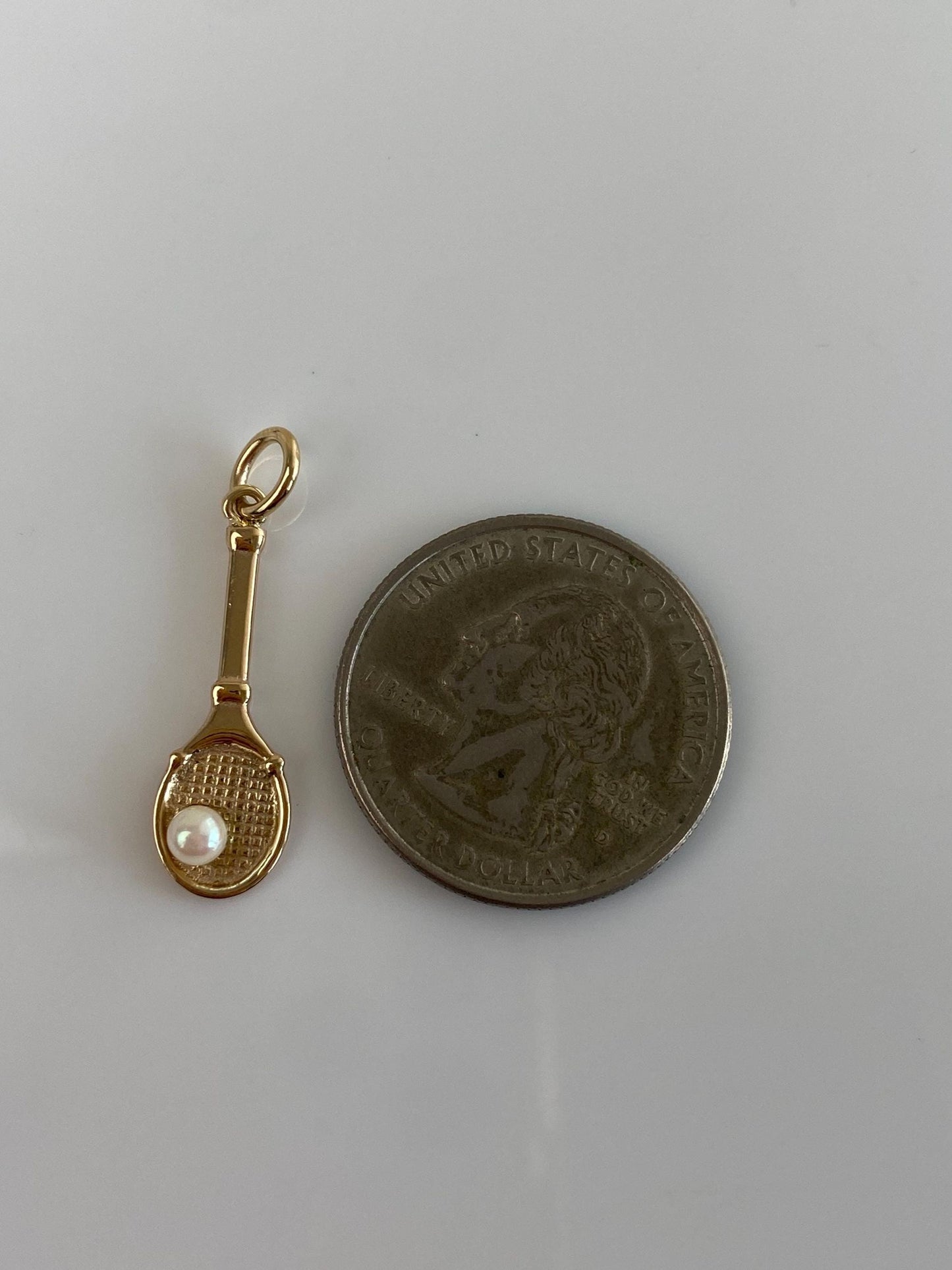 Vintage Solid 14k Yellow Gold Pearl Tennis Racket Charm