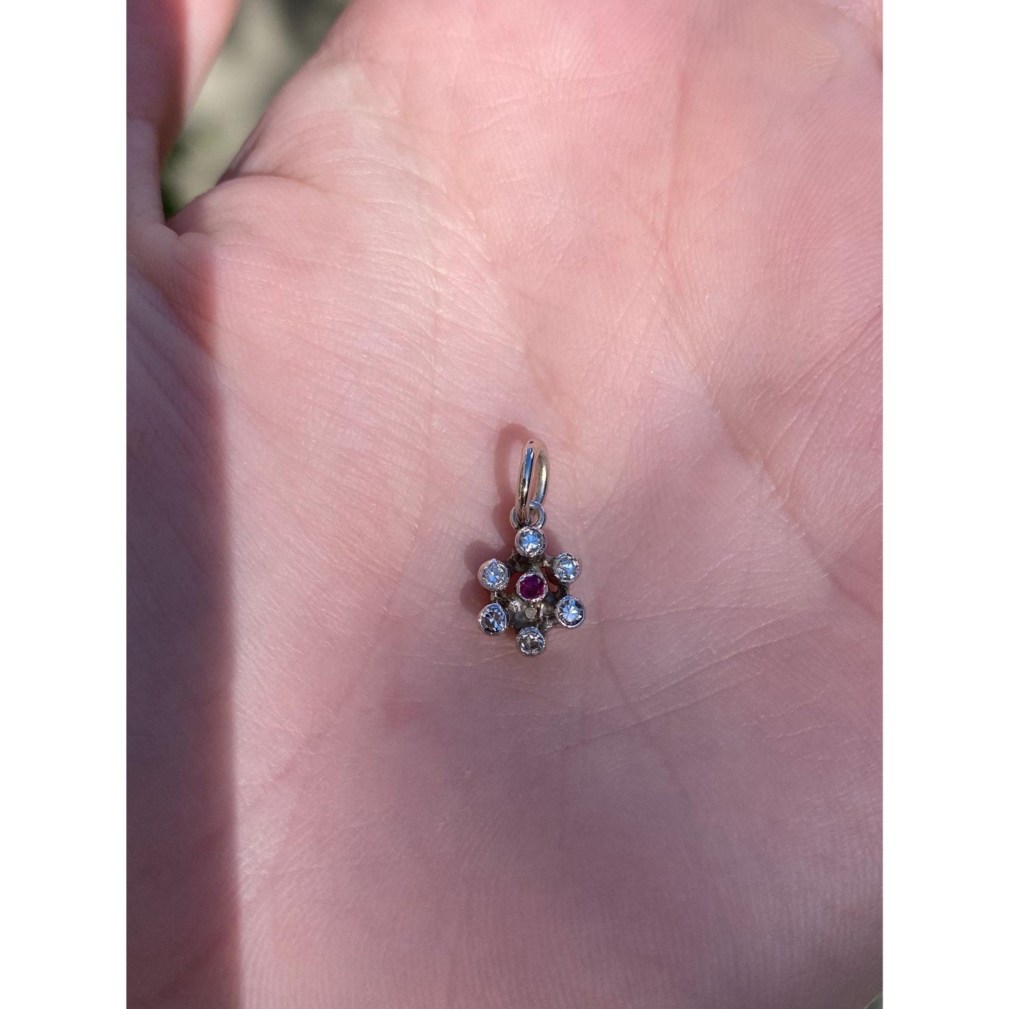 Vintage Solid 14k White Gold Diamond Red Spinel Flower Charm