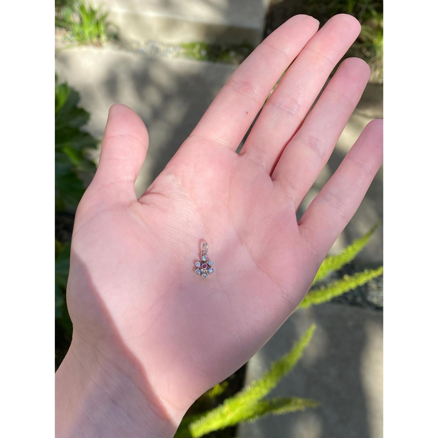 Vintage Solid 14k White Gold Diamond Red Spinel Flower Charm