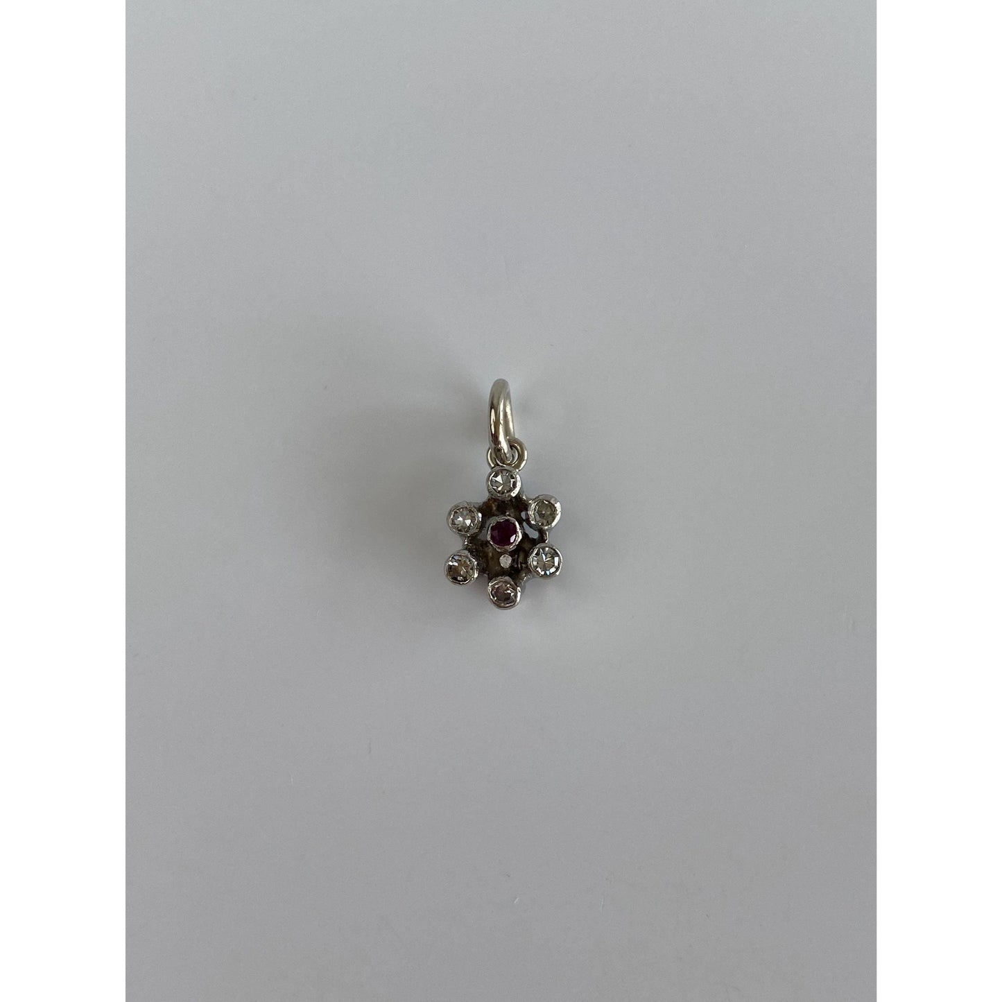 Vintage Solid 14k White Gold Diamond Red Spinel Flower Charm