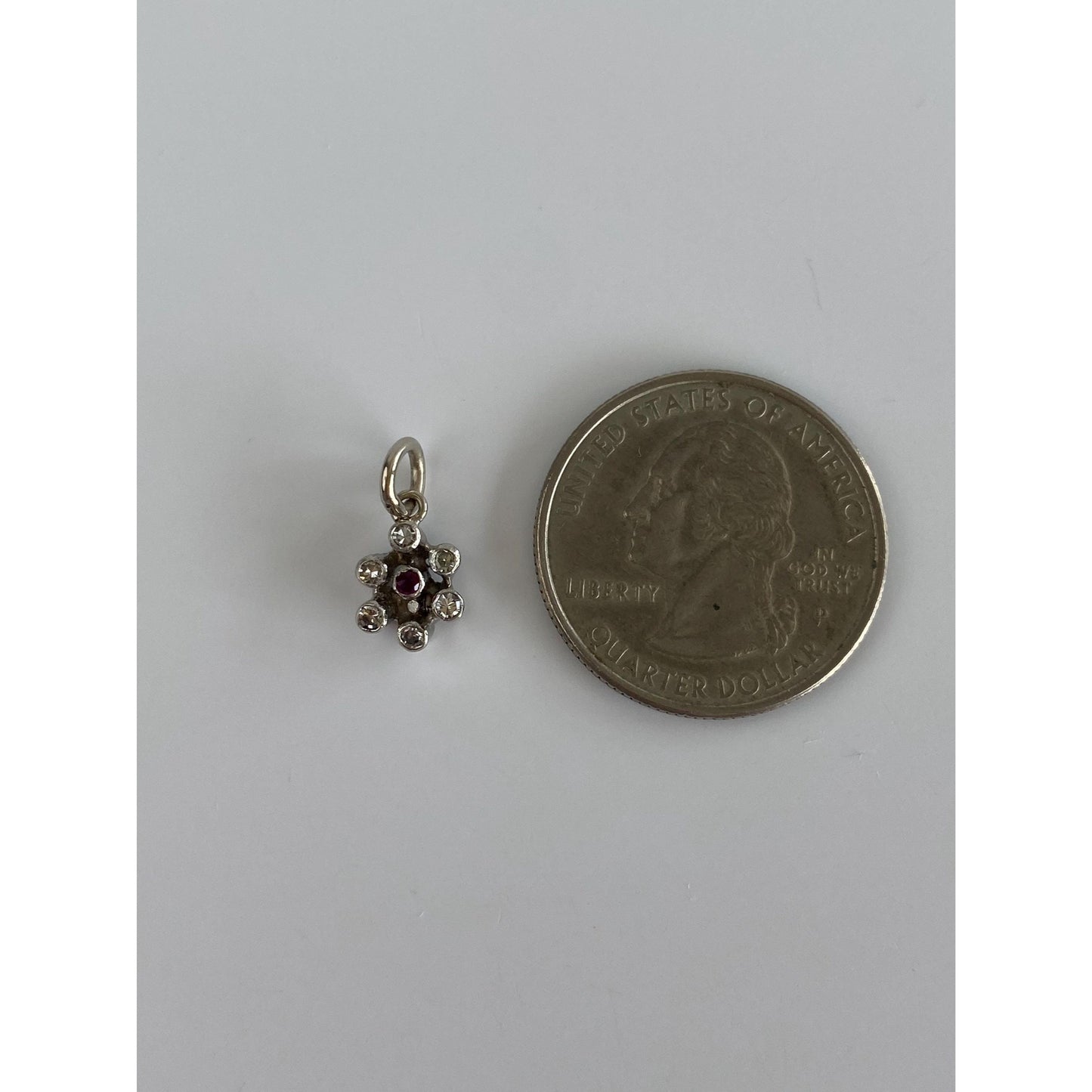Vintage Solid 14k White Gold Diamond Red Spinel Flower Charm