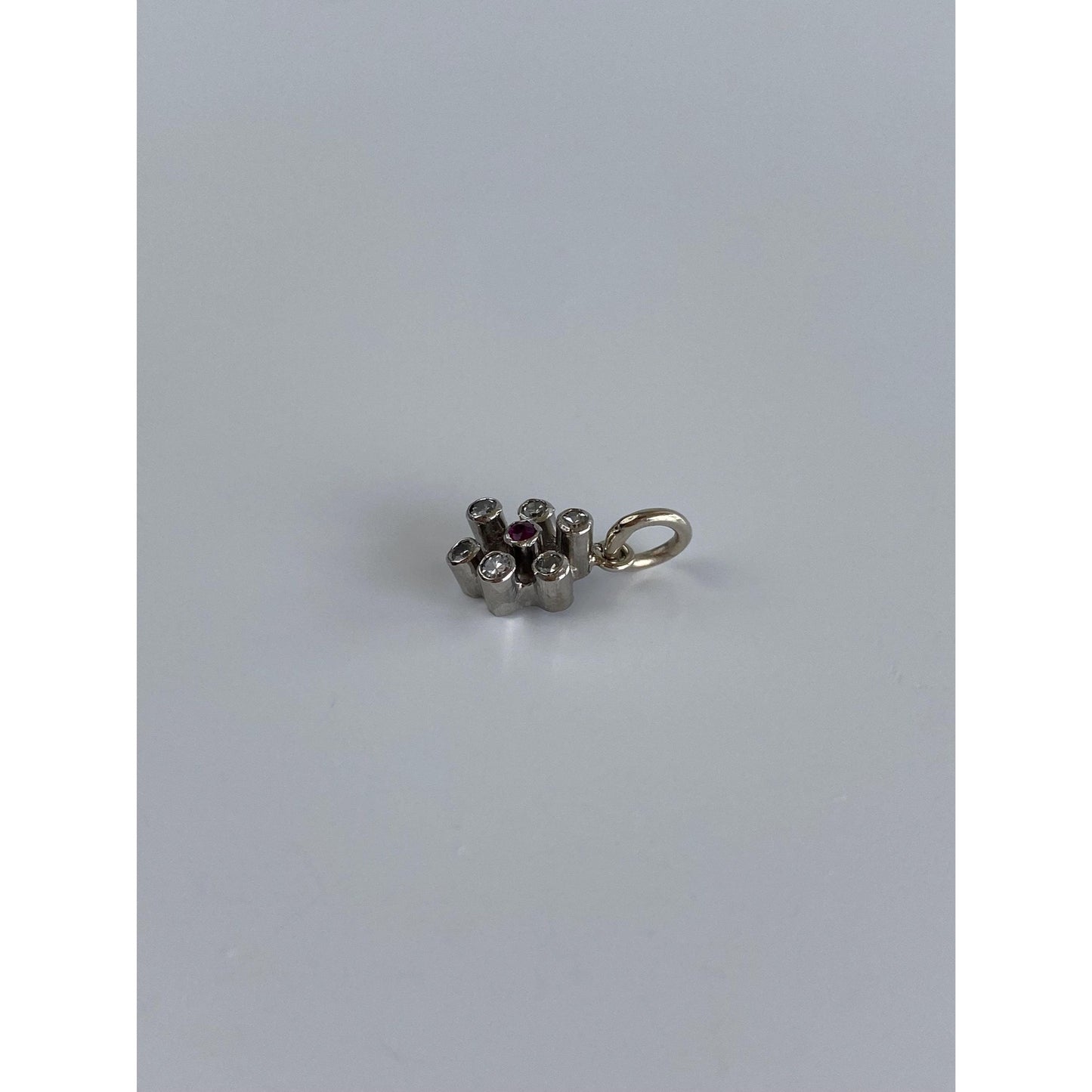 Vintage Solid 14k White Gold Diamond Red Spinel Flower Charm