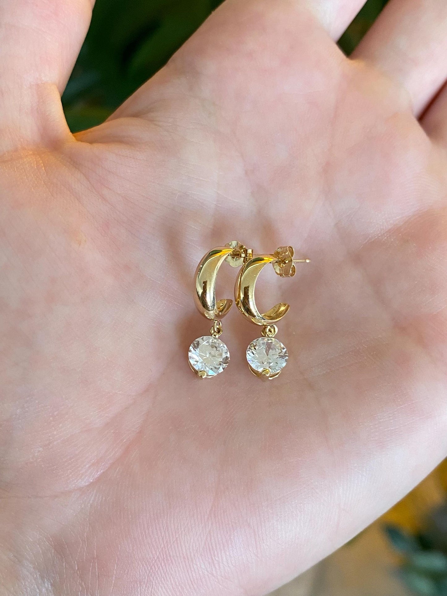 Vintage Solid 14k Yellow Gold Clear Cubic Zirconia Charm Dangle Hoop Earrings