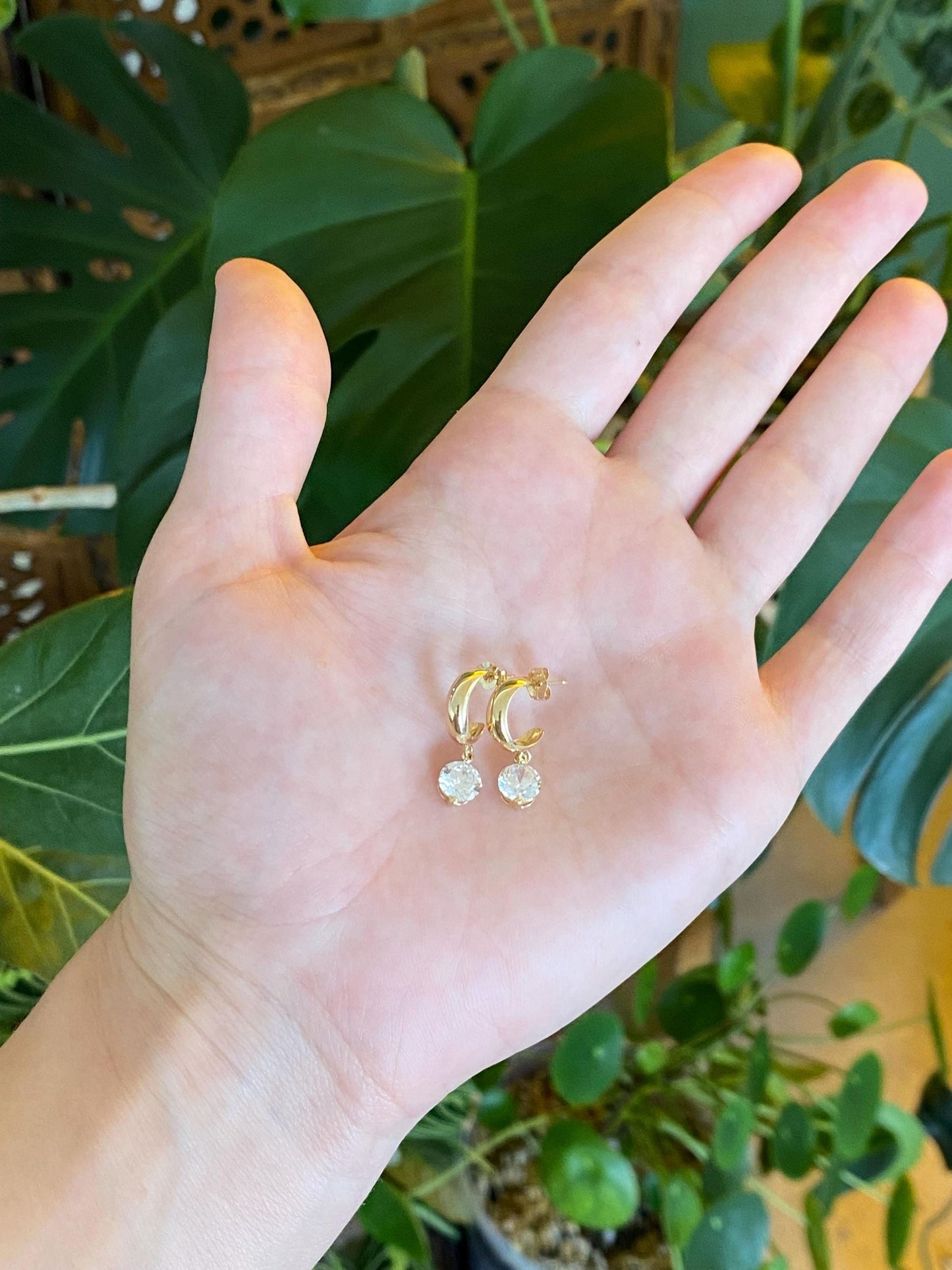 Vintage Solid 14k Yellow Gold Clear Cubic Zirconia Charm Dangle Hoop Earrings