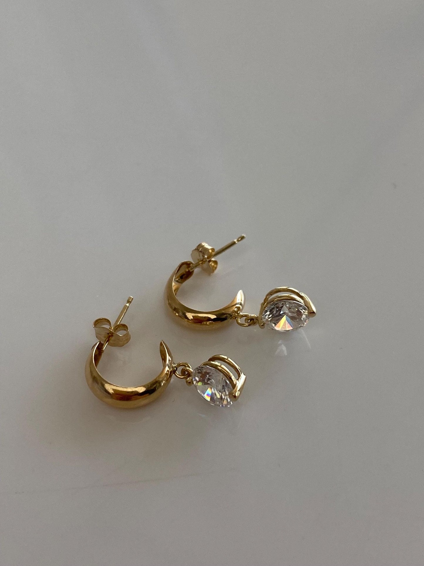 Vintage Solid 14k Yellow Gold Clear Cubic Zirconia Charm Dangle Hoop Earrings