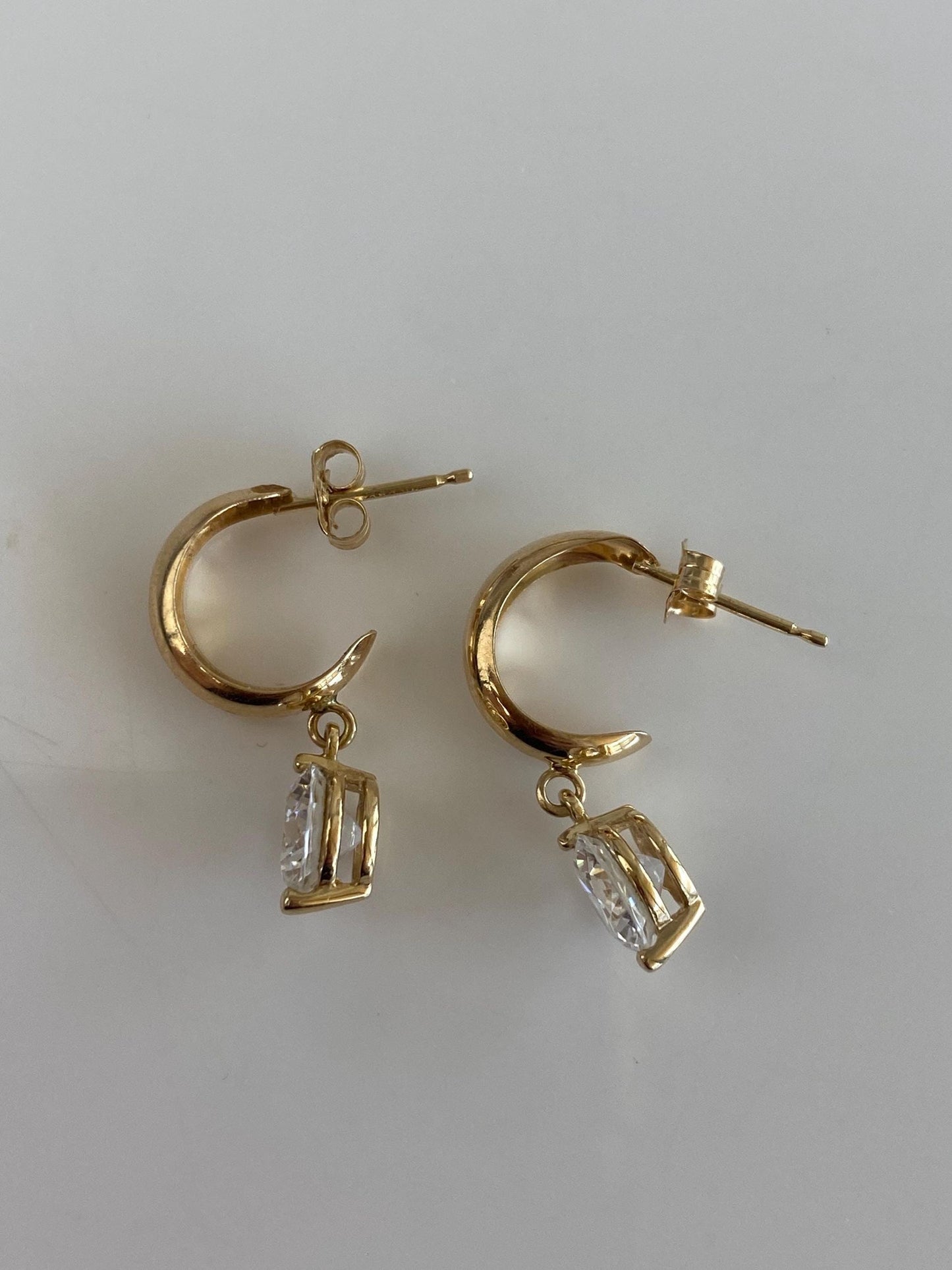 Vintage Solid 14k Yellow Gold Clear Cubic Zirconia Charm Dangle Hoop Earrings