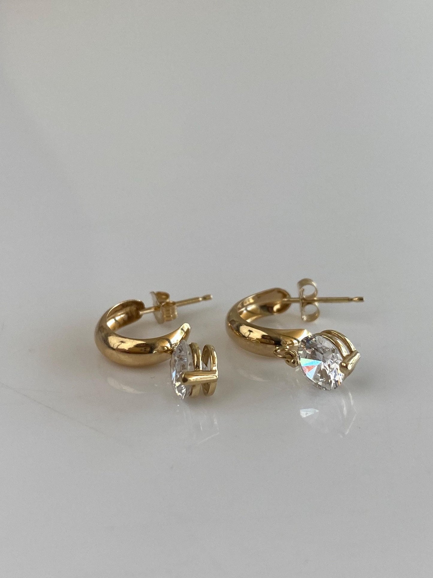Vintage Solid 14k Yellow Gold Clear Cubic Zirconia Charm Dangle Hoop Earrings