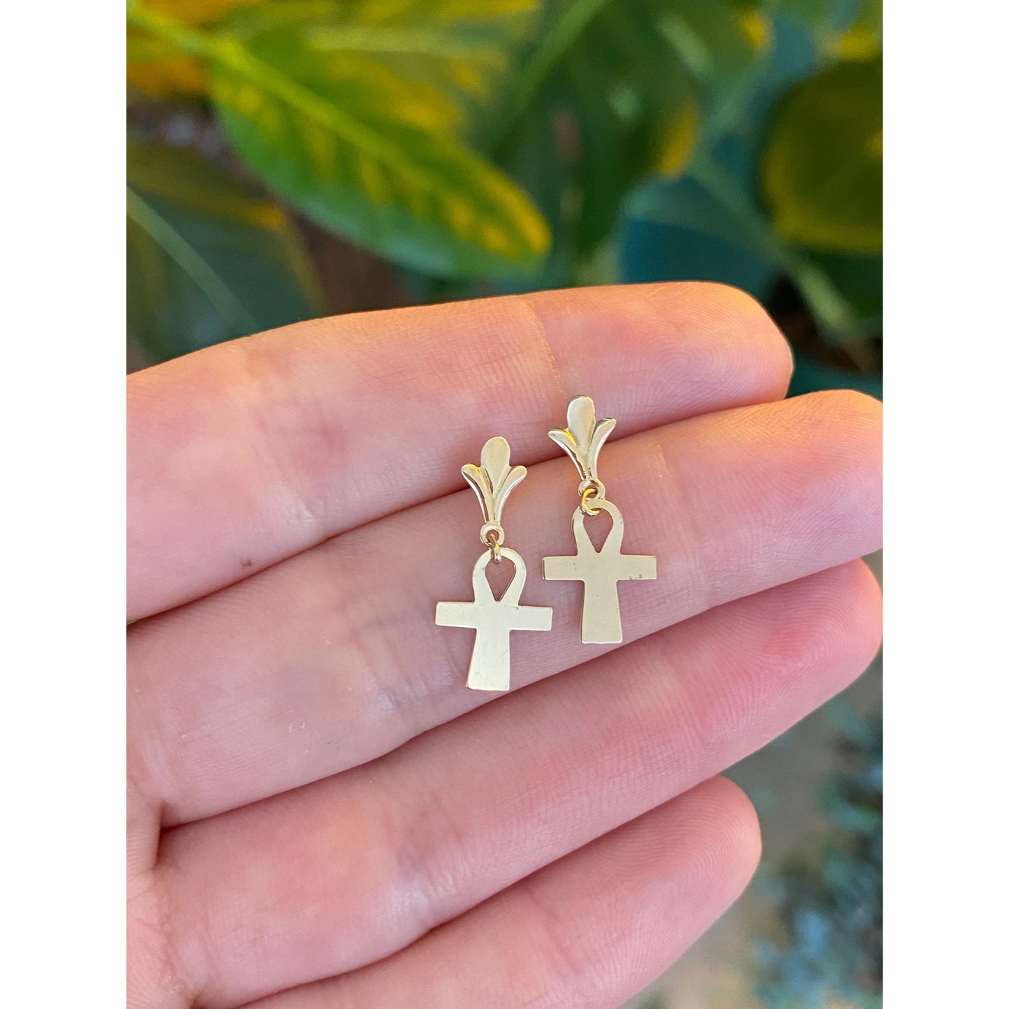 Vintage Solid 14k Yellow Gold Ankh Dangle Stud Earrings