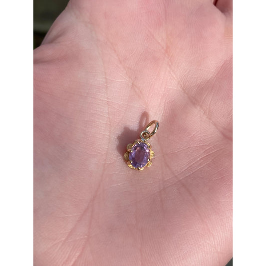 Vintage Solid 14k Yellow Gold Amethyst Ornate Oval Charm