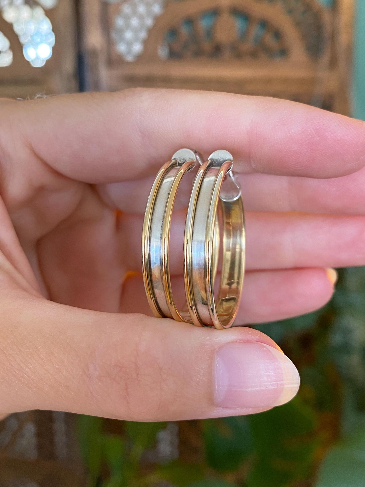 Vintage Sterling Silver & 14k Yellow Gold Hoop Earrings