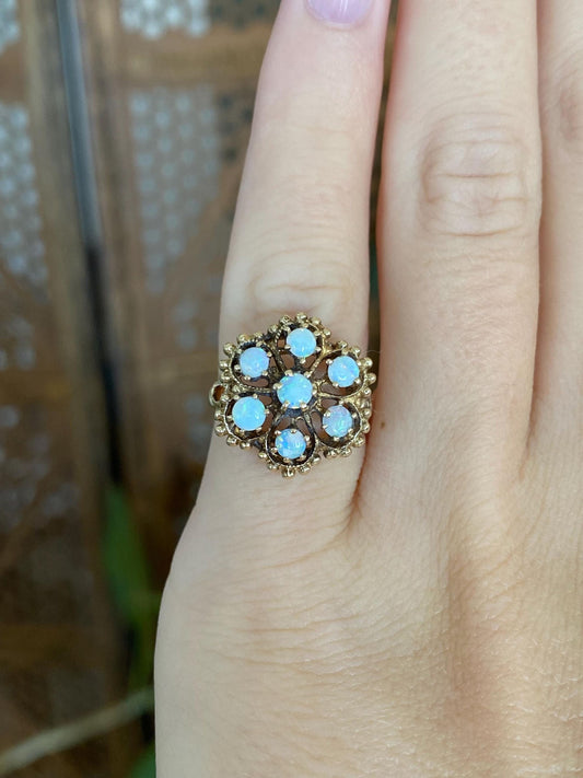 Vintage Solid 14k Yellow Gold Opal Cluster Ring - Size 4.5