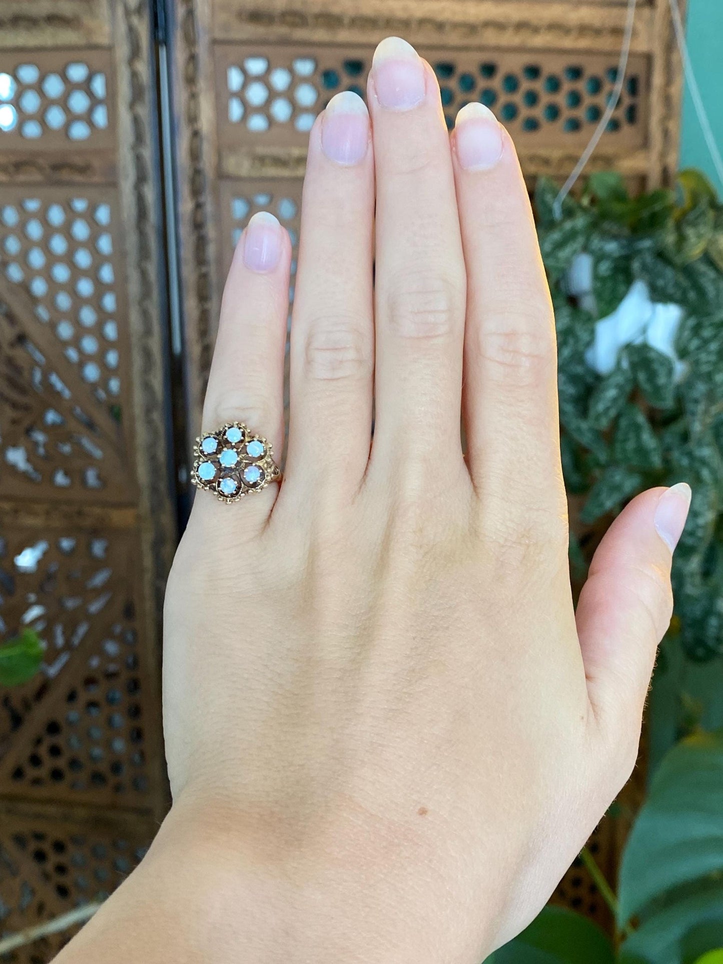 Vintage Solid 14k Yellow Gold Opal Cluster Ring - Size 4.5