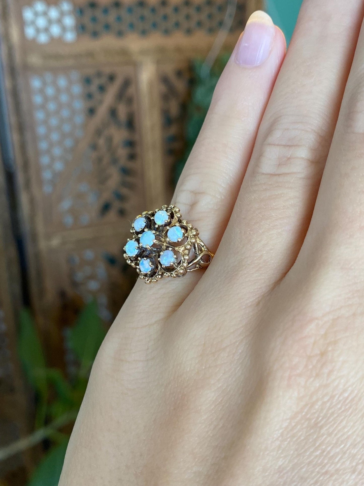 Vintage Solid 14k Yellow Gold Opal Cluster Ring - Size 4.5