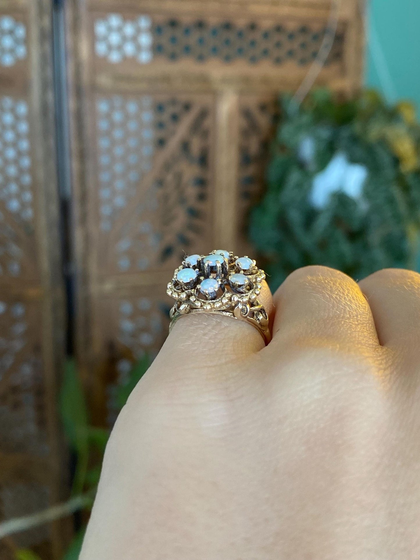 Vintage Solid 14k Yellow Gold Opal Cluster Ring - Size 4.5