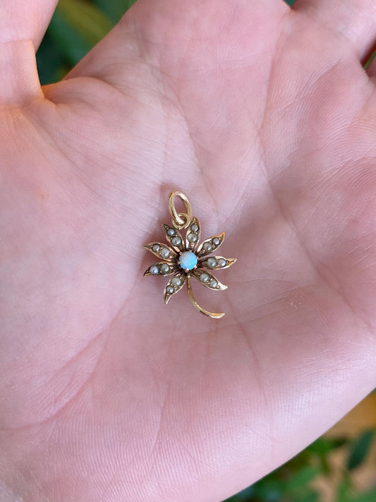 Vintage Solid 10k Yellow Gold Opal Seed Pearls Flower Charm