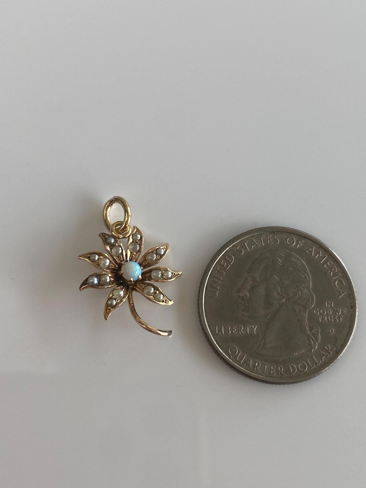 Vintage Solid 10k Yellow Gold Opal Seed Pearls Flower Charm