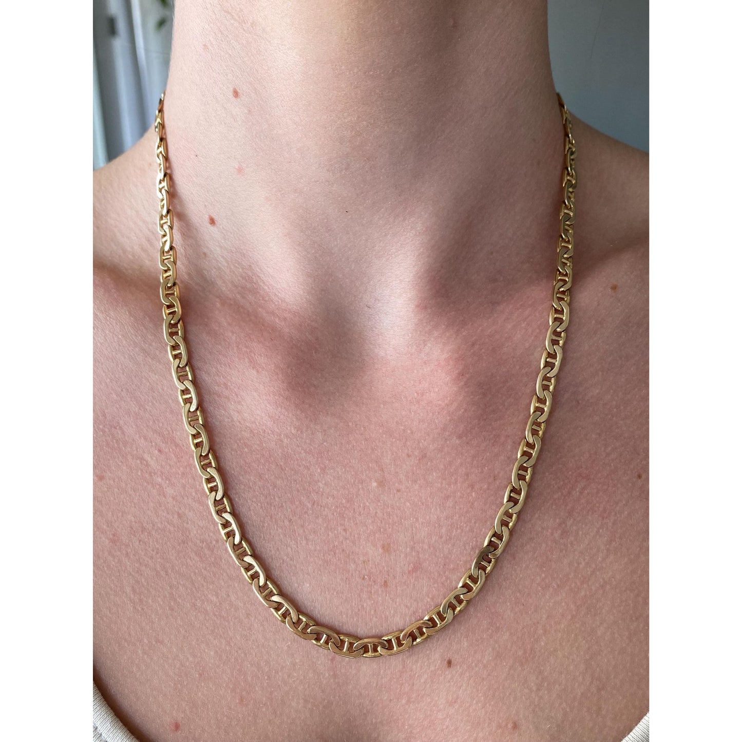 Vintage Solid 14k Yellow Gold Long Flat Mariner Chain Necklace - 20.25 inches