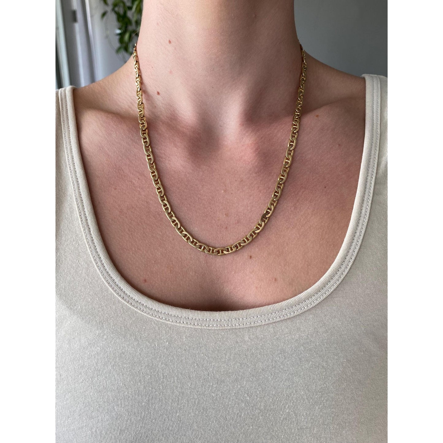 Vintage Solid 14k Yellow Gold Long Flat Mariner Chain Necklace - 20.25 inches