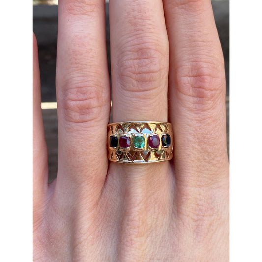 Solid 14k Yellow Gold Sapphire Ruby Emerald Row Ring Band - Size 7.5