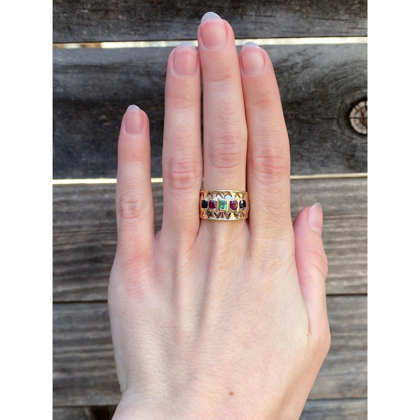 Solid 14k Yellow Gold Sapphire Ruby Emerald Row Ring Band - Size 7.5