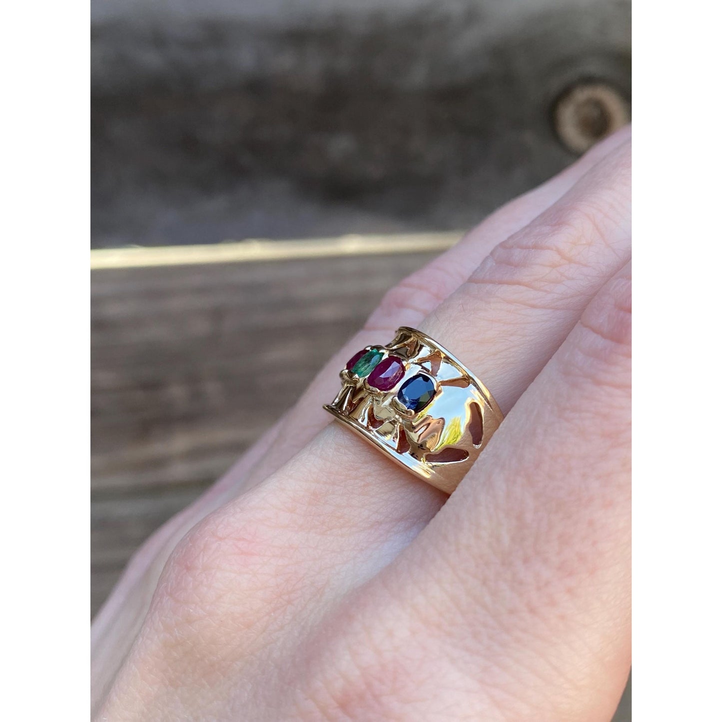 Solid 14k Yellow Gold Sapphire Ruby Emerald Row Ring Band - Size 7.5