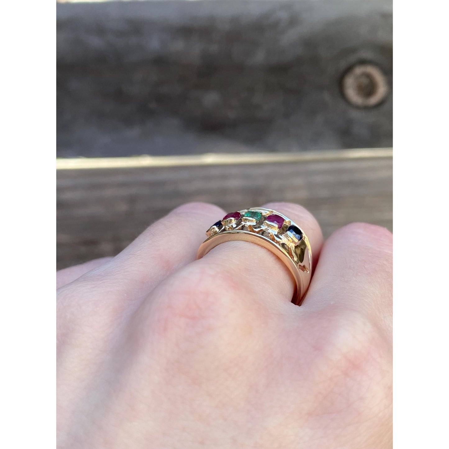 Solid 14k Yellow Gold Sapphire Ruby Emerald Row Ring Band - Size 7.5