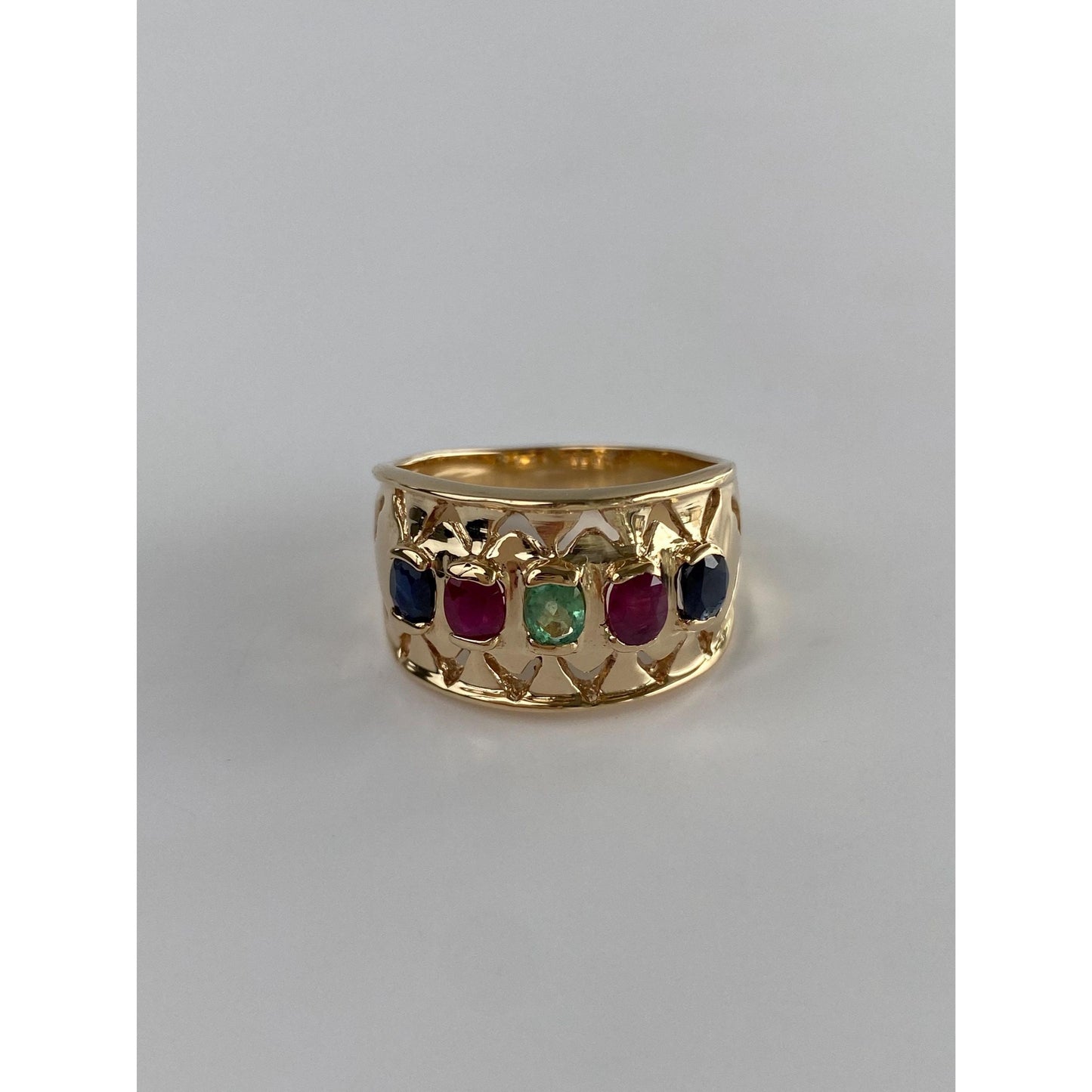 Solid 14k Yellow Gold Sapphire Ruby Emerald Row Ring Band - Size 7.5
