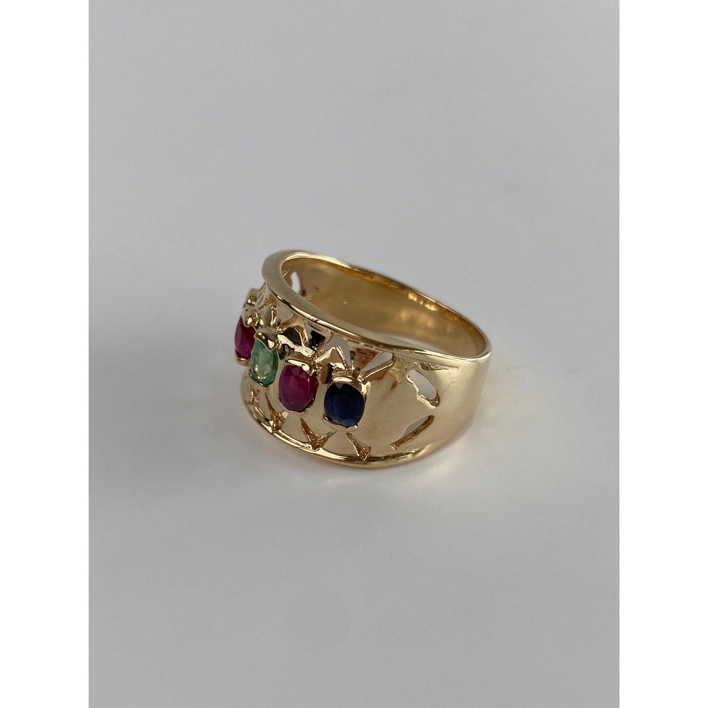 Solid 14k Yellow Gold Sapphire Ruby Emerald Row Ring Band - Size 7.5