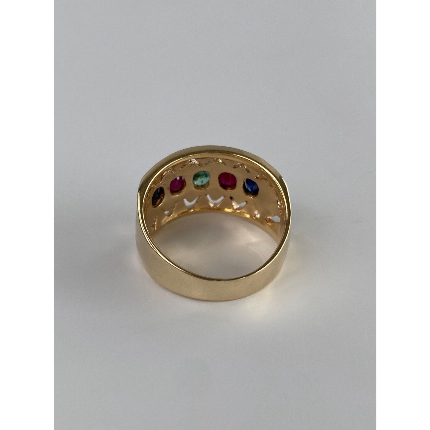 Solid 14k Yellow Gold Sapphire Ruby Emerald Row Ring Band - Size 7.5