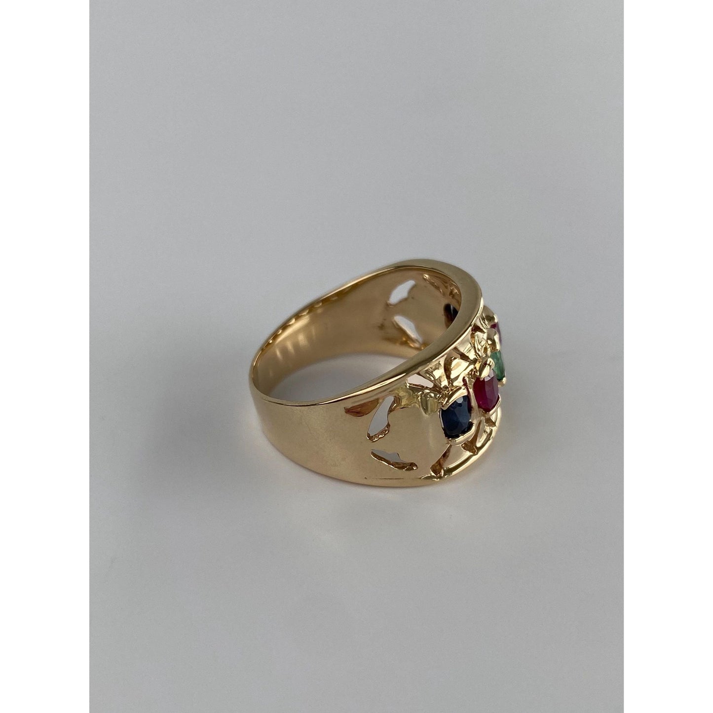 Solid 14k Yellow Gold Sapphire Ruby Emerald Row Ring Band - Size 7.5